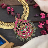 Vriksham Lakshmi Coin With Lakshmi Kundan Jadau Pendant Neckpiece-Pastel Green Beads-J2962